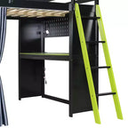 Letto a Soppalco da Gioco Full Size con Scrivania e Luci RGB, Struttura Letto a Soppalco in Legno Full con Armadio, Mensole e Tende Oscuranti