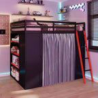 Letto a Soppalco da Gioco Full Size con Scrivania e Luci RGB, Struttura Letto a Soppalco in Legno Full con Armadio, Mensole e Tende Oscuranti