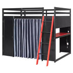 Letto a Soppalco da Gioco Full Size con Scrivania e Luci RGB, Struttura Letto a Soppalco in Legno Full con Armadio, Mensole e Tende Oscuranti