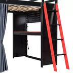 Letto a Soppalco da Gioco Full Size con Scrivania e Luci RGB, Struttura Letto a Soppalco in Legno Full con Armadio, Mensole e Tende Oscuranti