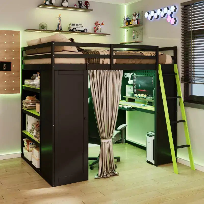 Full Size Gaming Loft Bed with Desk & RGB Lights, Full Wood Loft Bed Frame with Storage Wardrobe, Shelves & Blackout Curtains