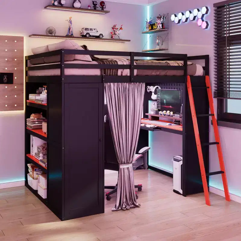 Full Size Gaming Loft Bed with Desk & RGB Lights, Full Wood Loft Bed Frame with Storage Wardrobe, Shelves & Blackout Curtains