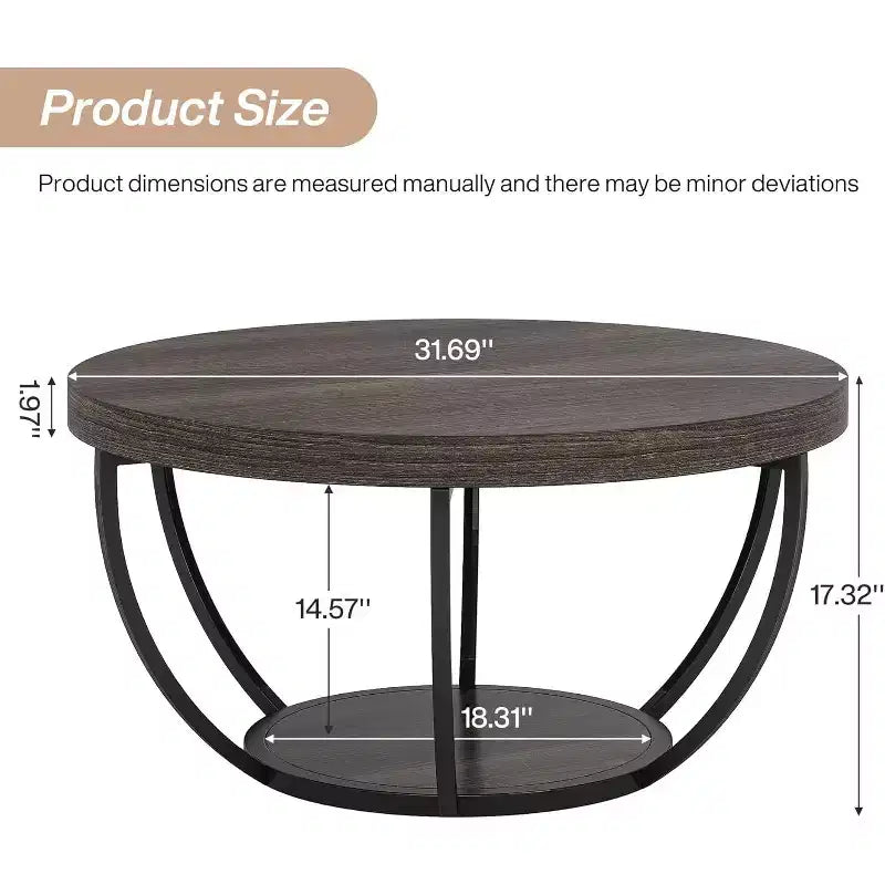 Lantine 32-Inch Round Coffee Table, Farmhouse 2-Tier Wood Center Table with Storage Open Shelves for Living Room, Gray