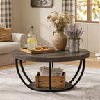 Lantine 32-Inch Round Coffee Table, Farmhouse 2-Tier Wood Center Table with Storage Open Shelves for Living Room, Gray