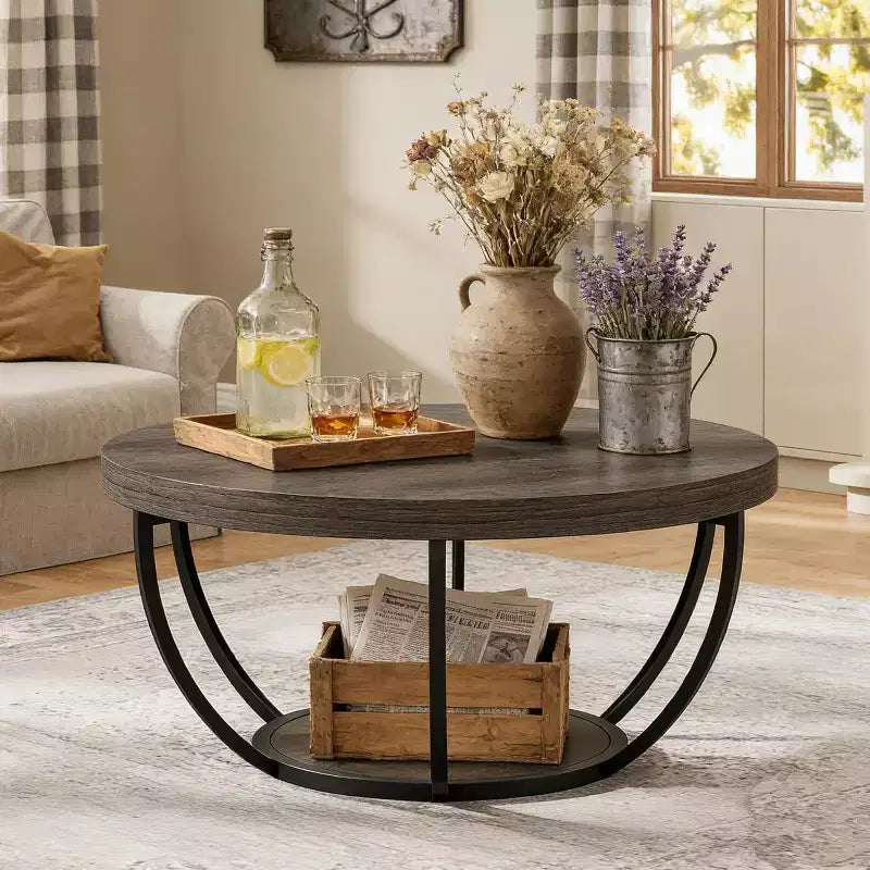Lantine 32-Inch Round Coffee Table, Farmhouse 2-Tier Wood Center Table with Storage Open Shelves for Living Room, Gray