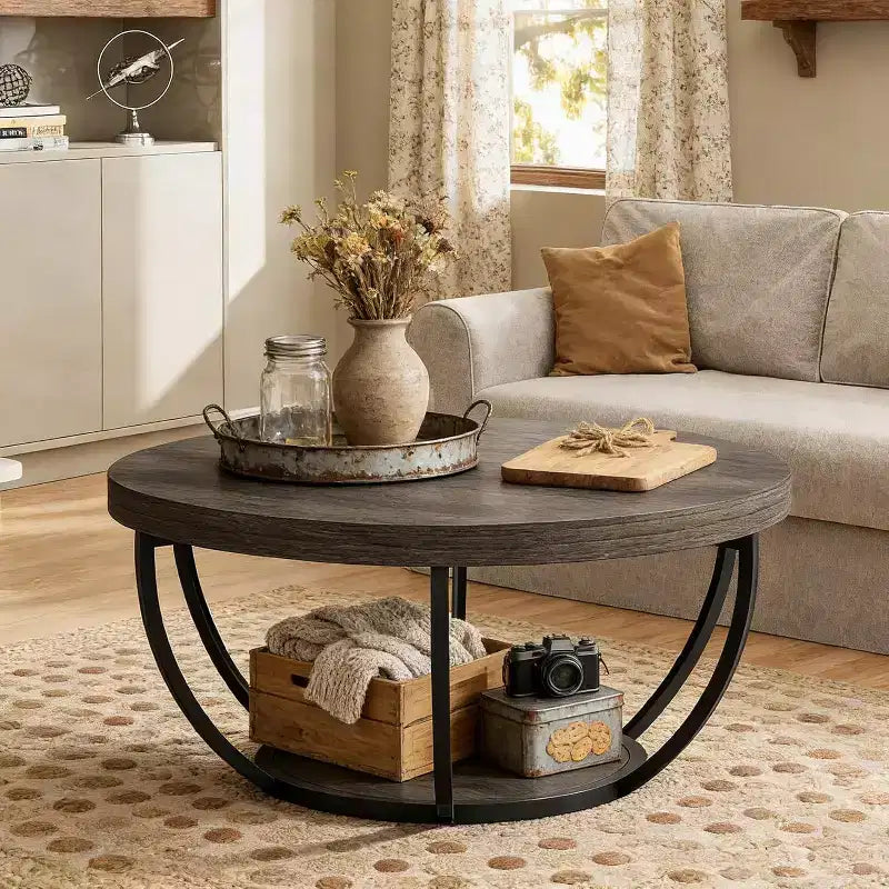 Lantine 32-Inch Round Coffee Table, Farmhouse 2-Tier Wood Center Table with Storage Open Shelves for Living Room, Gray