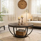 Lantine 32-Inch Round Coffee Table, Farmhouse 2-Tier Wood Center Table with Storage Open Shelves for Living Room, Gray