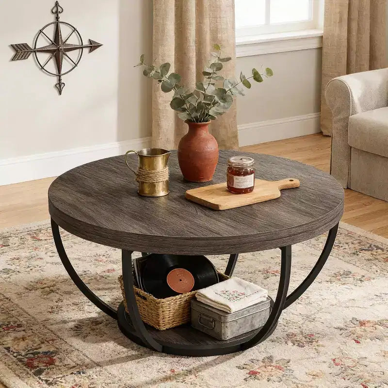 Lantine 32-Inch Round Coffee Table, Farmhouse 2-Tier Wood Center Table with Storage Open Shelves for Living Room, Gray