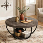 Lantine 32-Inch Round Coffee Table, Farmhouse 2-Tier Wood Center Table with Storage Open Shelves for Living Room, Gray