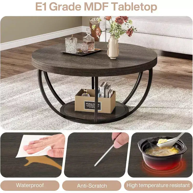Lantine 32-Inch Round Coffee Table, Farmhouse 2-Tier Wood Center Table with Storage Open Shelves for Living Room, Gray