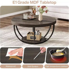 Lantine 32-Inch Round Coffee Table, Farmhouse 2-Tier Wood Center Table with Storage Open Shelves for Living Room, Gray
