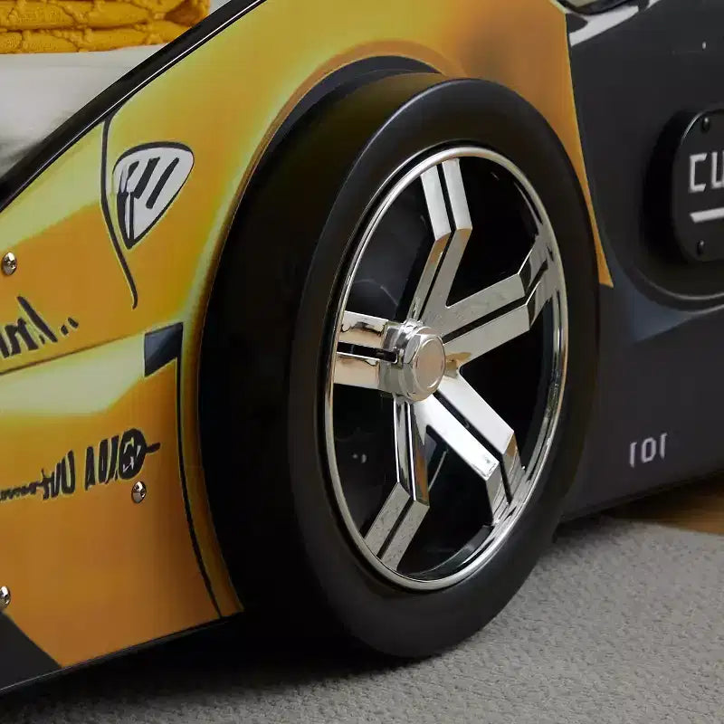 GDFStudio Fauna Letto singolo moderno a forma di auto da corsa dei cartoni animati con fari a LED