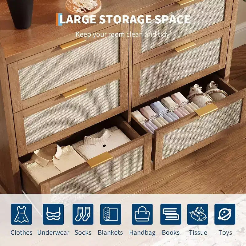 Farmhouse 6 Drawer Dresser for Bedroom, Rattan Chest of Drawers with Storage,Large Dresser Chest of Drawers with Gold Handle,for Bedroom/Entryway