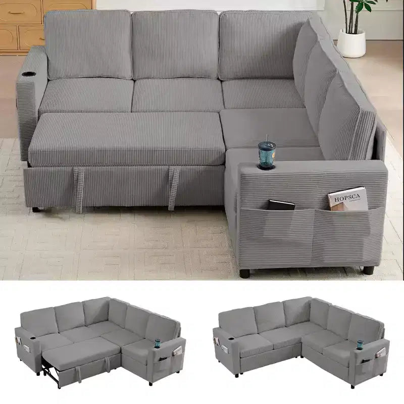 Mjkone Convertible Modular bunk combination sofa with pull out bed,L-shaped 5-seat Sectional Sleeper Sofa Bed with Storage seat