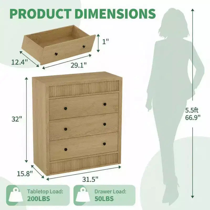 3/5 Drawer Dresser for Bedroom, 31.5 Wide Fluted Chest of Drawers, Modern Wooden Nightstand Storage Cabinet for Hallway, Living Room