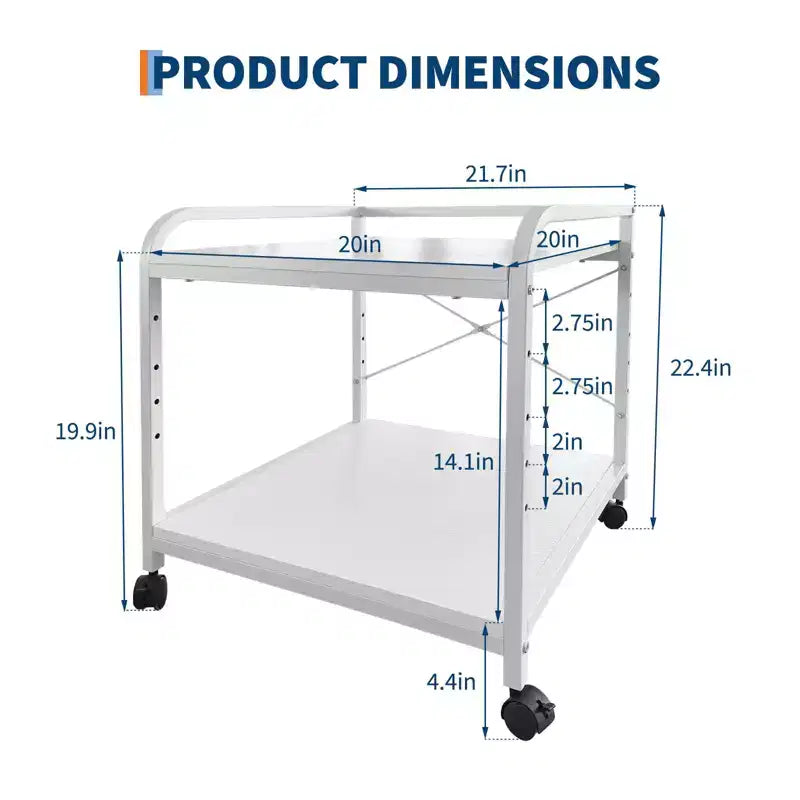 Under Desk Printer Stand, 2 Tier Printer Stand with Height Adjustable Storage Shelf, 20 Deep Large Rolling Printer Cart with Wheels for Home Office