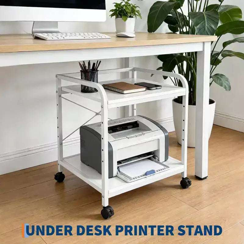 Under Desk Printer Stand, 2 Tier Printer Stand with Height Adjustable Storage Shelf, 20 Deep Large Rolling Printer Cart with Wheels for Home Office
