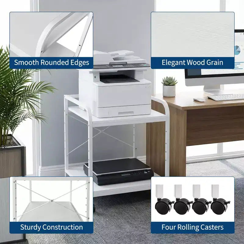Under Desk Printer Stand, 2 Tier Printer Stand with Height Adjustable Storage Shelf, 20 Deep Large Rolling Printer Cart with Wheels for Home Office
