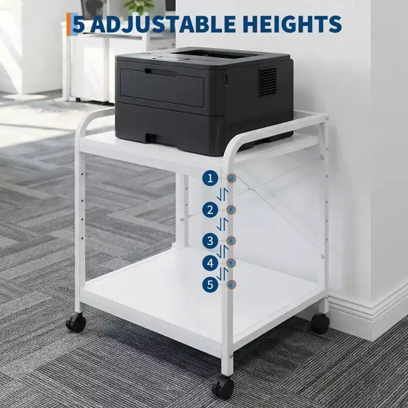 Under Desk Printer Stand, 2 Tier Printer Stand with Height Adjustable Storage Shelf, 20 Deep Large Rolling Printer Cart with Wheels for Home Office