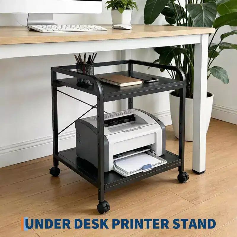 Under Desk Printer Stand, 2 Tier Printer Stand with Height Adjustable Storage Shelf, 20 Deep Large Rolling Printer Cart with Wheels for Home Office