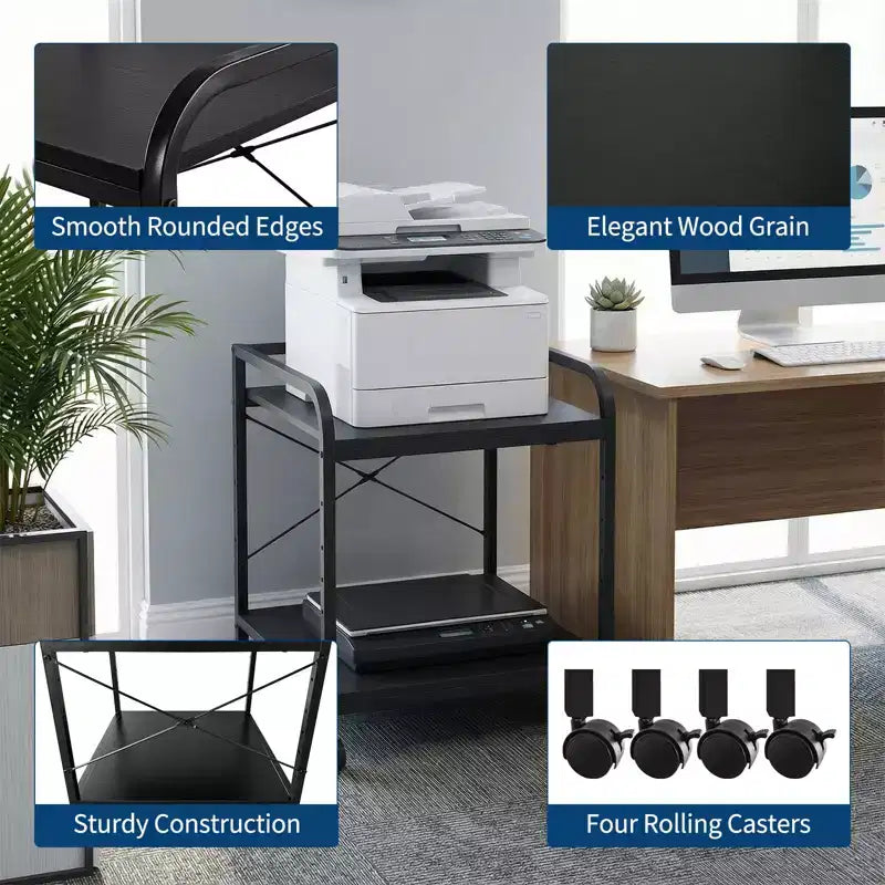 Under Desk Printer Stand, 2 Tier Printer Stand with Height Adjustable Storage Shelf, 20 Deep Large Rolling Printer Cart with Wheels for Home Office