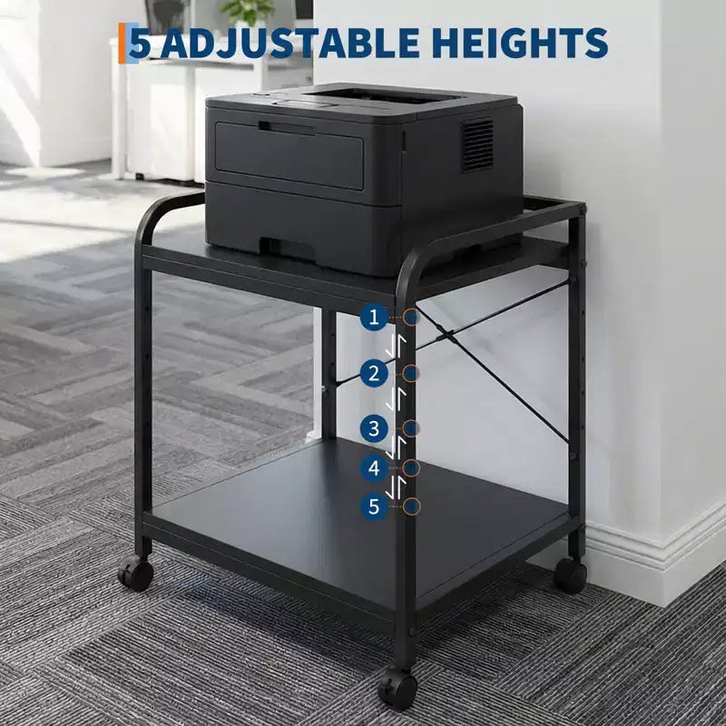 Under Desk Printer Stand, 2 Tier Printer Stand with Height Adjustable Storage Shelf, 20 Deep Large Rolling Printer Cart with Wheels for Home Office