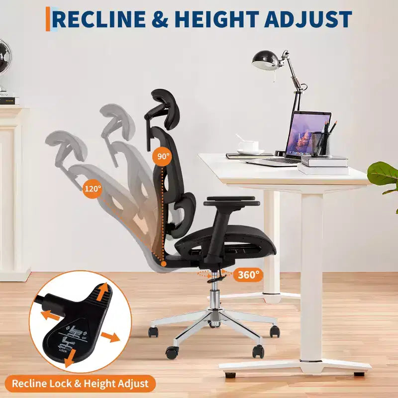 Ergonomic Mesh Office Chair, Lumbar Support, 4D Adjustable Armrests, Recline & Height Adjustment, 360 Swivel, Home Office Chair, Study Gaming Chair