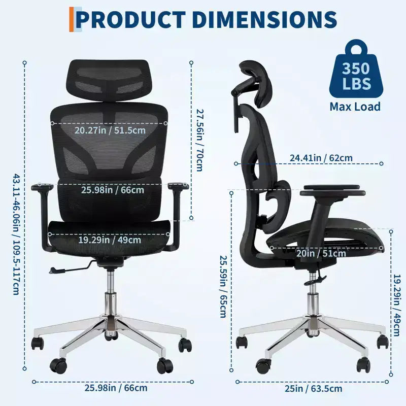 Ergonomic Mesh Office Chair, Lumbar Support, 4D Adjustable Armrests, Recline & Height Adjustment, 360 Swivel, Home Office Chair, Study Gaming Chair
