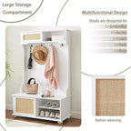 Hall Tree with Bench, Casual Style Entryway Organizer with Rattan Door Shoe Cabinet, Solid Wood Legs, 40.16x18.58x64.17in, for Entryway Mudroom