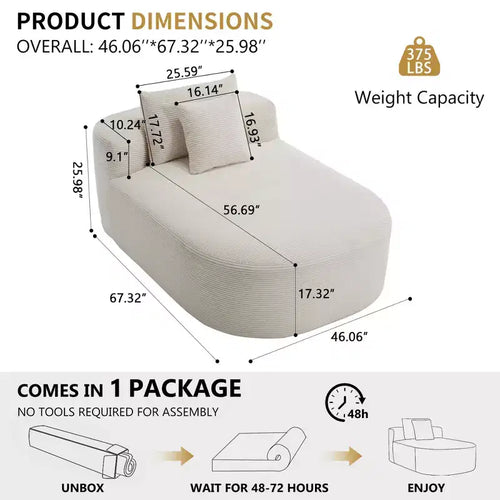 67.5 Corduroy Chaise Lounge Chair, Wide Seat, Deep Seating King Chair with 2 Pillows, Convertible Frameless Sofa Bed for Living Room