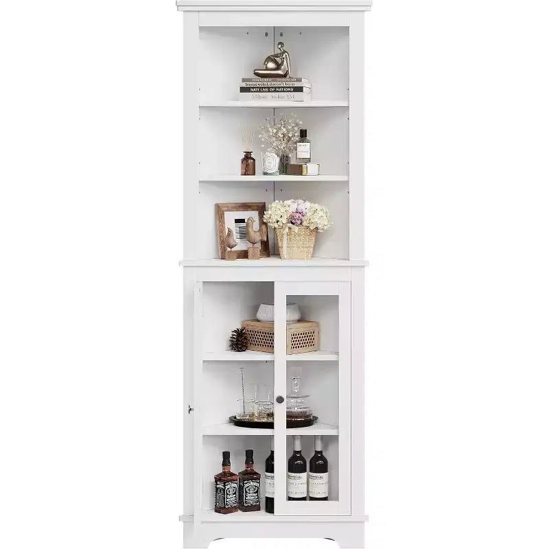 Corner Cabinet with Glass Doors, Adjustable Shelves Freestanding Tall Bathroom Kitchen Storage Cabinet for Small Spaces, White Modern Organizer