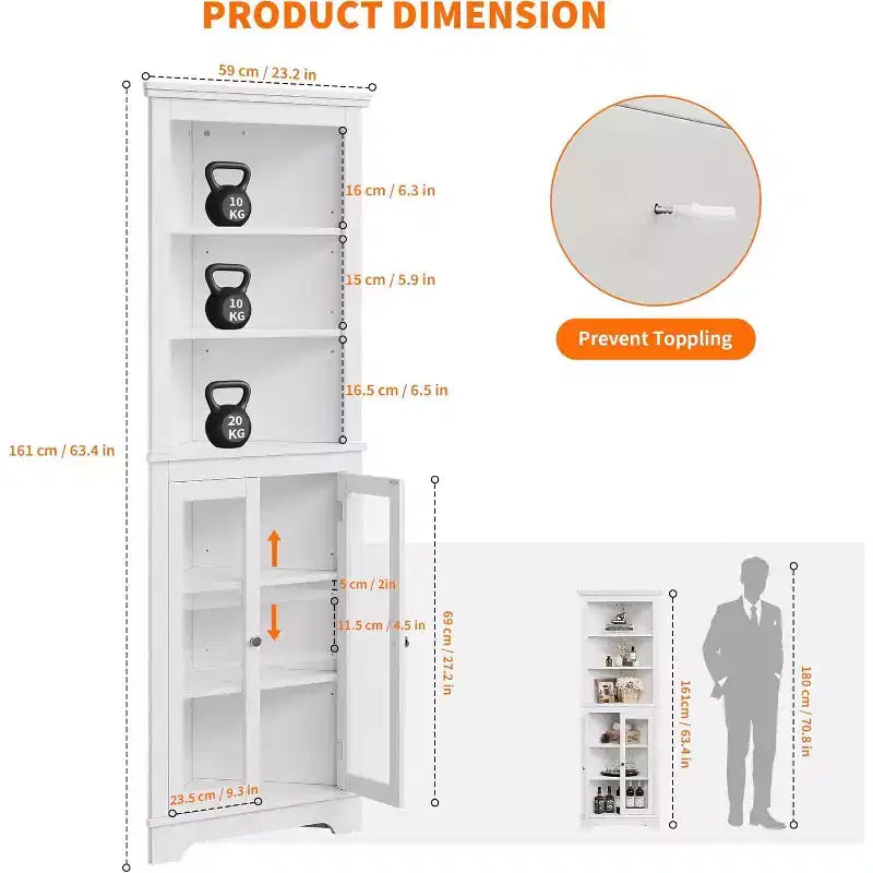 Corner Cabinet with Glass Doors, Adjustable Shelves Freestanding Tall Bathroom Kitchen Storage Cabinet for Small Spaces, White Modern Organizer