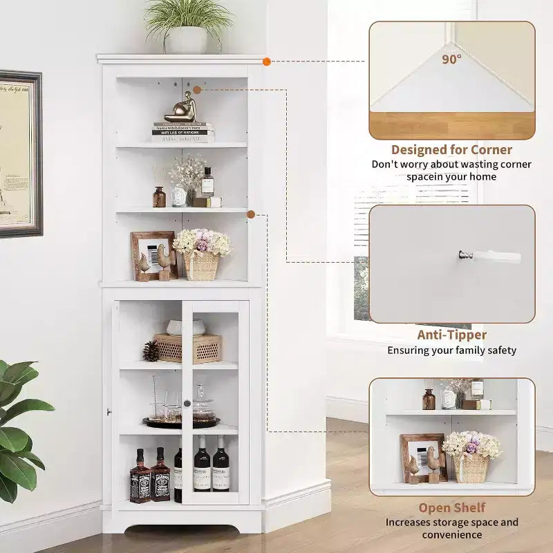 Corner Cabinet with Glass Doors, Adjustable Shelves Freestanding Tall Bathroom Kitchen Storage Cabinet for Small Spaces, White Modern Organizer