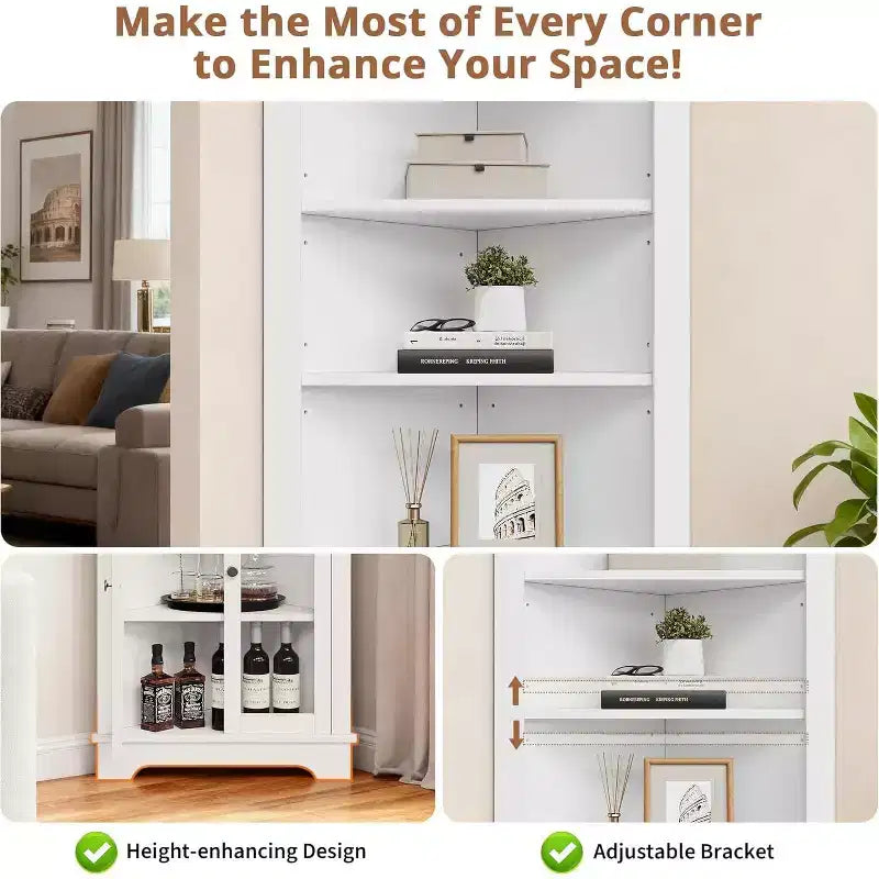 Corner Cabinet with Glass Doors, Adjustable Shelves Freestanding Tall Bathroom Kitchen Storage Cabinet for Small Spaces, White Modern Organizer