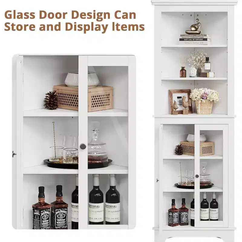 Corner Cabinet with Glass Doors, Adjustable Shelves Freestanding Tall Bathroom Kitchen Storage Cabinet for Small Spaces, White Modern Organizer