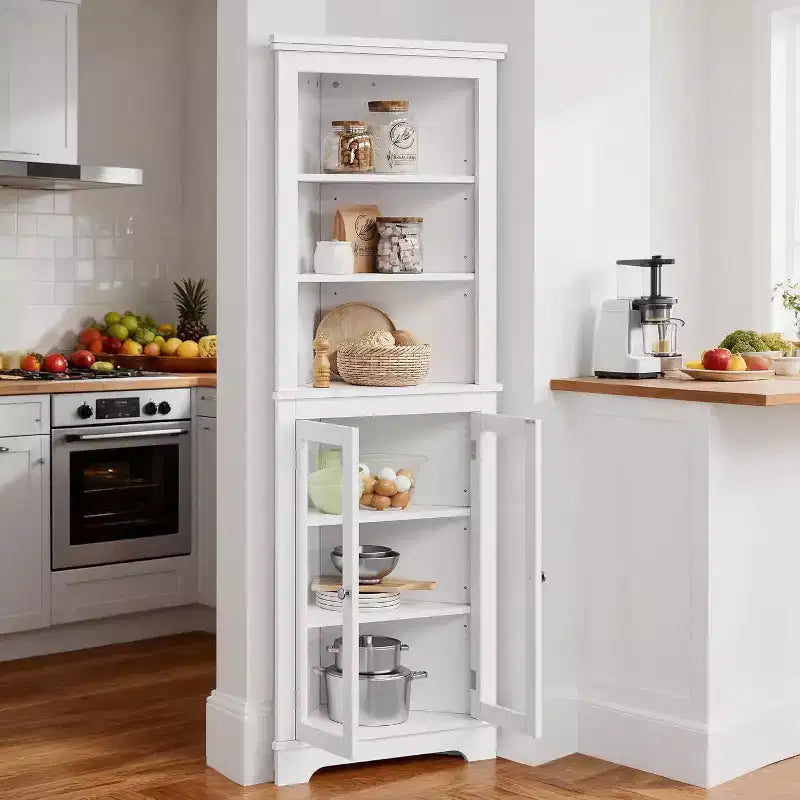 Corner Cabinet with Glass Doors, Adjustable Shelves Freestanding Tall Bathroom Kitchen Storage Cabinet for Small Spaces, White Modern Organizer