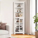 Corner Cabinet with Glass Doors, Adjustable Shelves Freestanding Tall Bathroom Kitchen Storage Cabinet for Small Spaces, White Modern Organizer