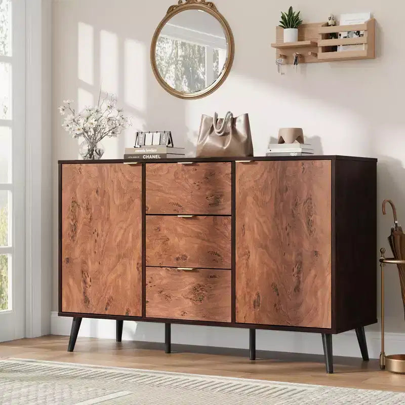 51.2 Walnut Buffet Cabinet with Drawers - Mid-Century Sideboard for Dining Room Entryway