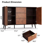 51.2 Walnut Buffet Cabinet with Drawers - Mid-Century Sideboard for Dining Room Entryway