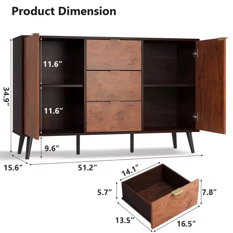 51.2 Walnut Buffet Cabinet with Drawers - Mid-Century Sideboard for Dining Room Entryway