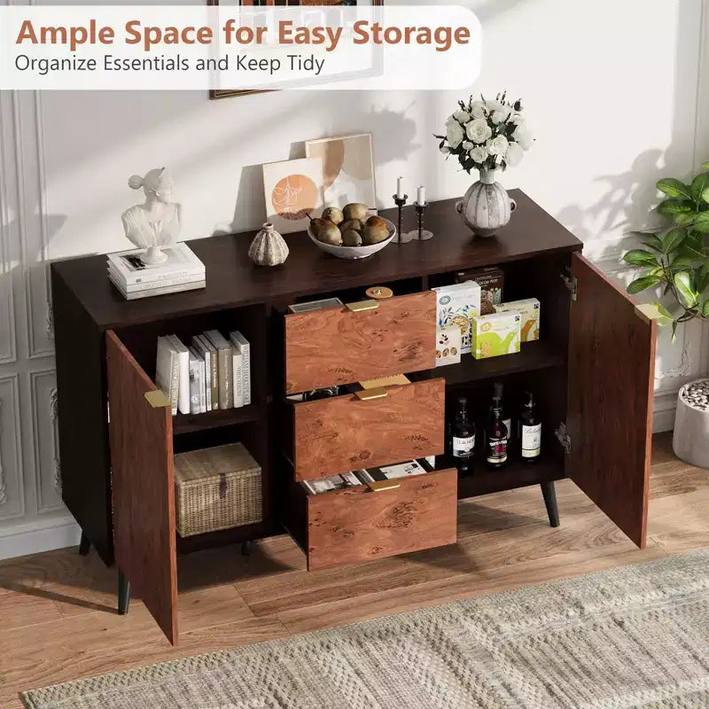 51.2 Walnut Buffet Cabinet with Drawers - Mid-Century Sideboard for Dining Room Entryway