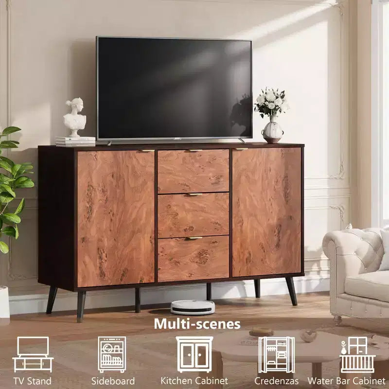 51.2 Walnut Buffet Cabinet with Drawers - Mid-Century Sideboard for Dining Room Entryway
