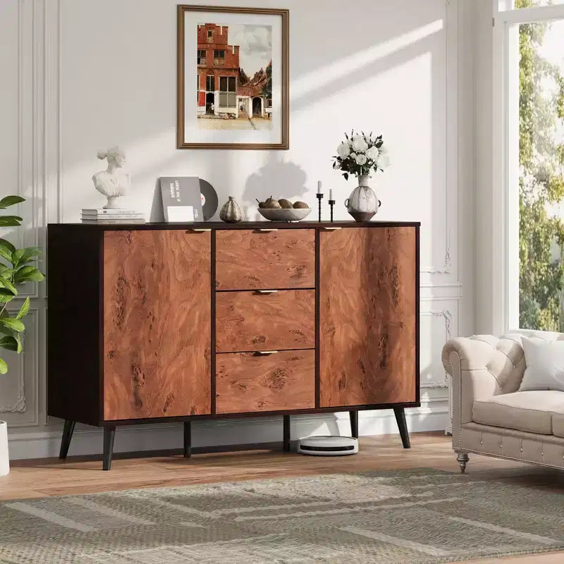 51.2 Walnut Buffet Cabinet with Drawers - Mid-Century Sideboard for Dining Room Entryway