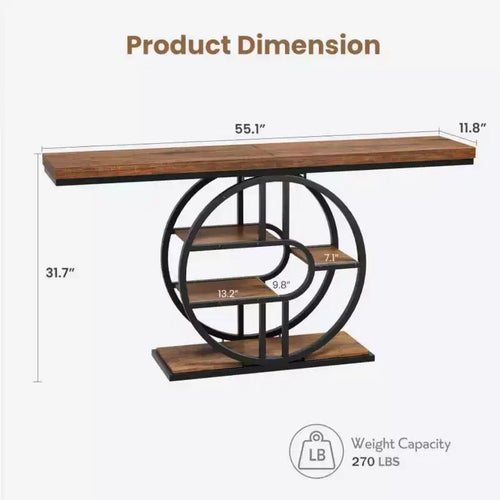 55 Industrial Entryway Table with 5-Tier Storage - O-Shaped Metal Frame Console for Hallway Living Room