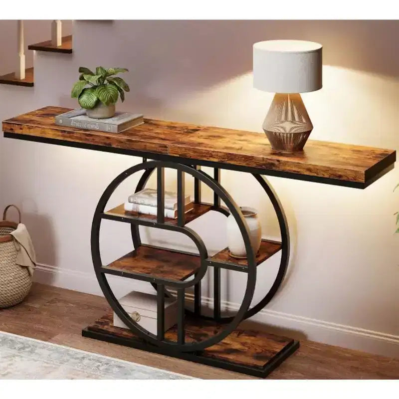 55 Industrial Entryway Table with 5-Tier Storage - O-Shaped Metal Frame Console for Hallway Living Room