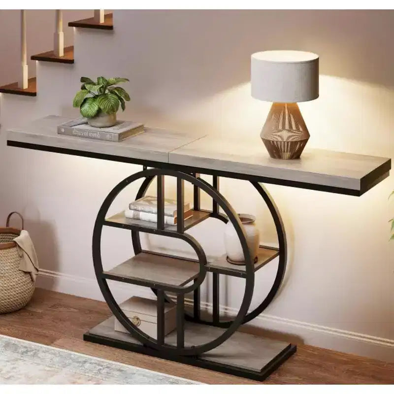 55 Industrial Entryway Table with 5-Tier Storage - O-Shaped Metal Frame Console for Hallway Living Room