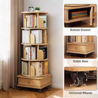 VIYET 56 5-Tier 360 Rotating Bookshelf, Oak MDF Tower w/ Wheels & Drawer (Space-Saving Storage for Home/Office)