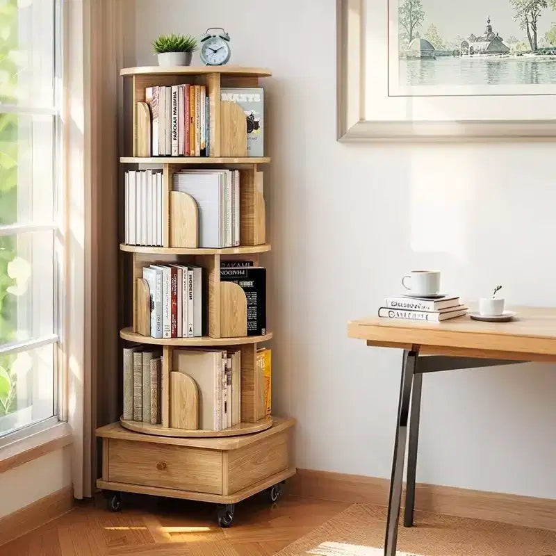 VIYET 56 5-Tier 360 Rotating Bookshelf, Oak MDF Tower w/ Wheels & Drawer (Space-Saving Storage for Home/Office)