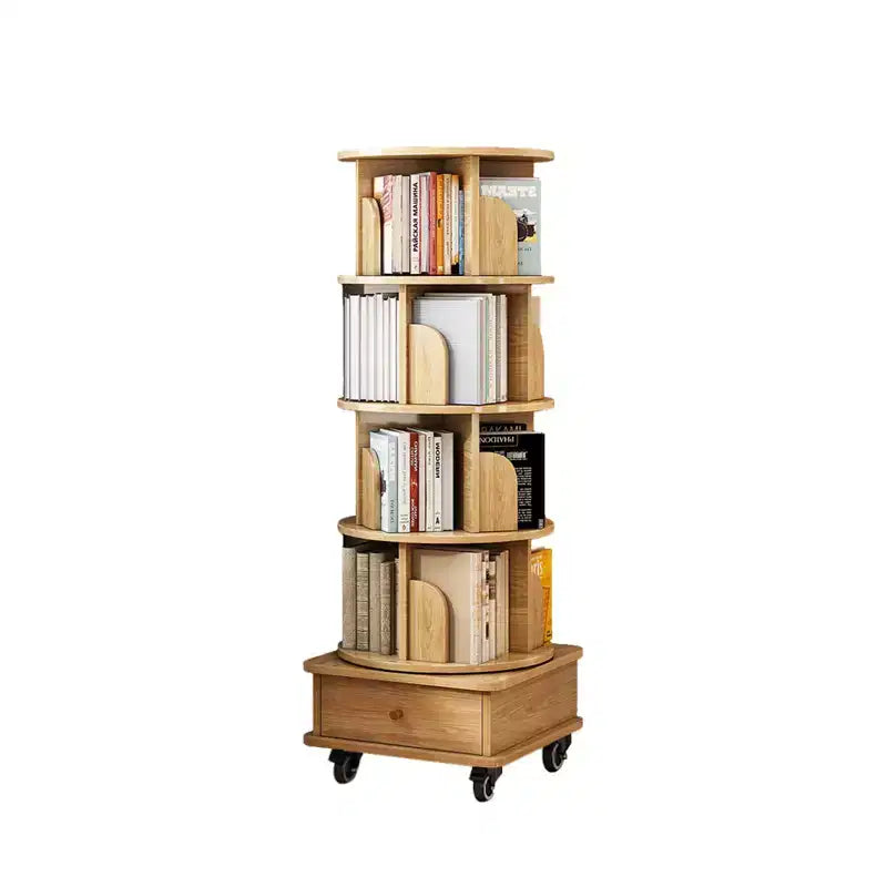 VIYET 56 5-Tier 360 Rotating Bookshelf, Oak MDF Tower w/ Wheels & Drawer (Space-Saving Storage for Home/Office)