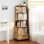 VIYET 56 5-Tier 360 Rotating Bookshelf, Oak MDF Tower w/ Wheels & Drawer (Space-Saving Storage for Home/Office)